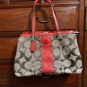 Coach Red and Brown Signature Shoulder Bag